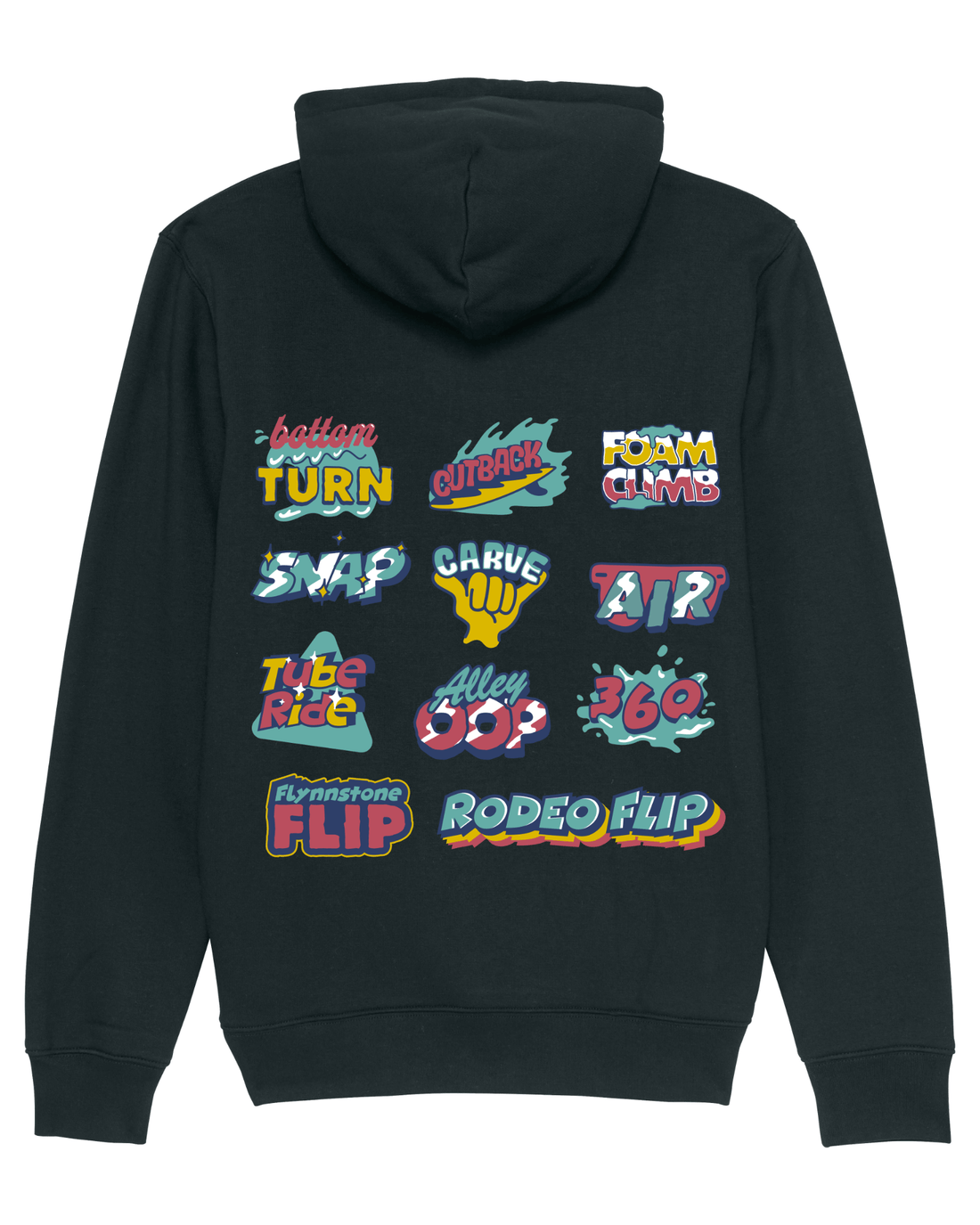 Black Skater Hoodie, Surf Tricks Back Print