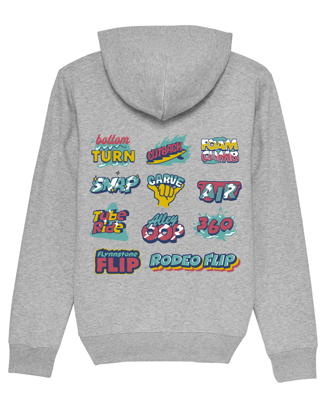 Grey Skater Hoodie, Surf Tricks Back Print