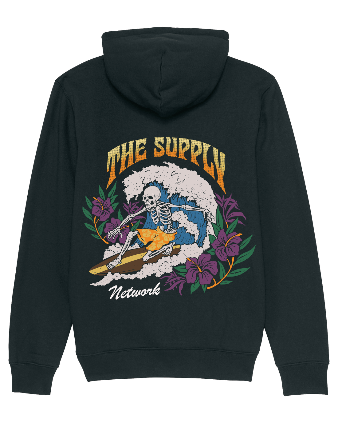 Black Skater Hoodie, Surfing Skeleton Back Print