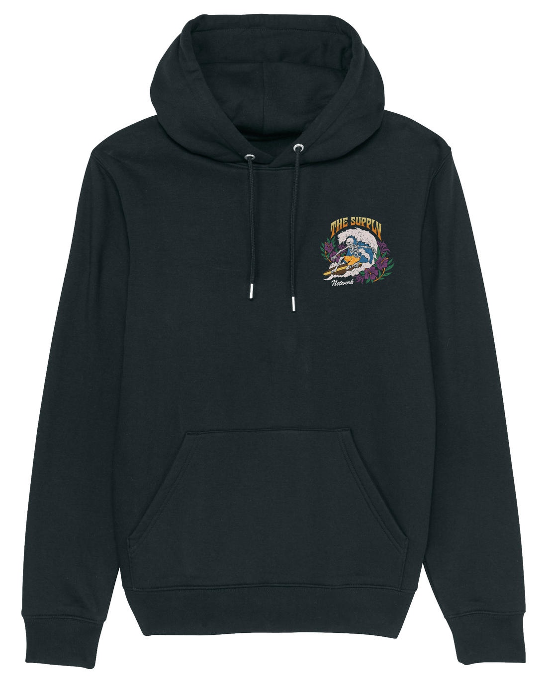 Black Skater Hoodie, Surfing Skeleton Front Print