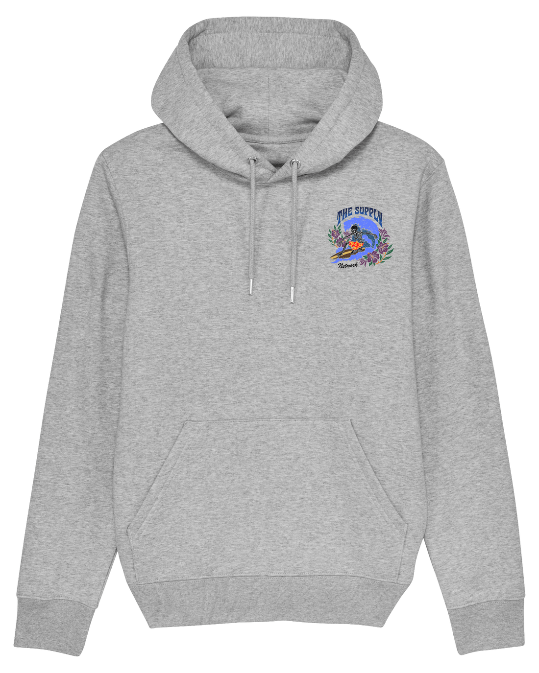 Grey Skater Hoodie, Surfing Skeleton Front Print