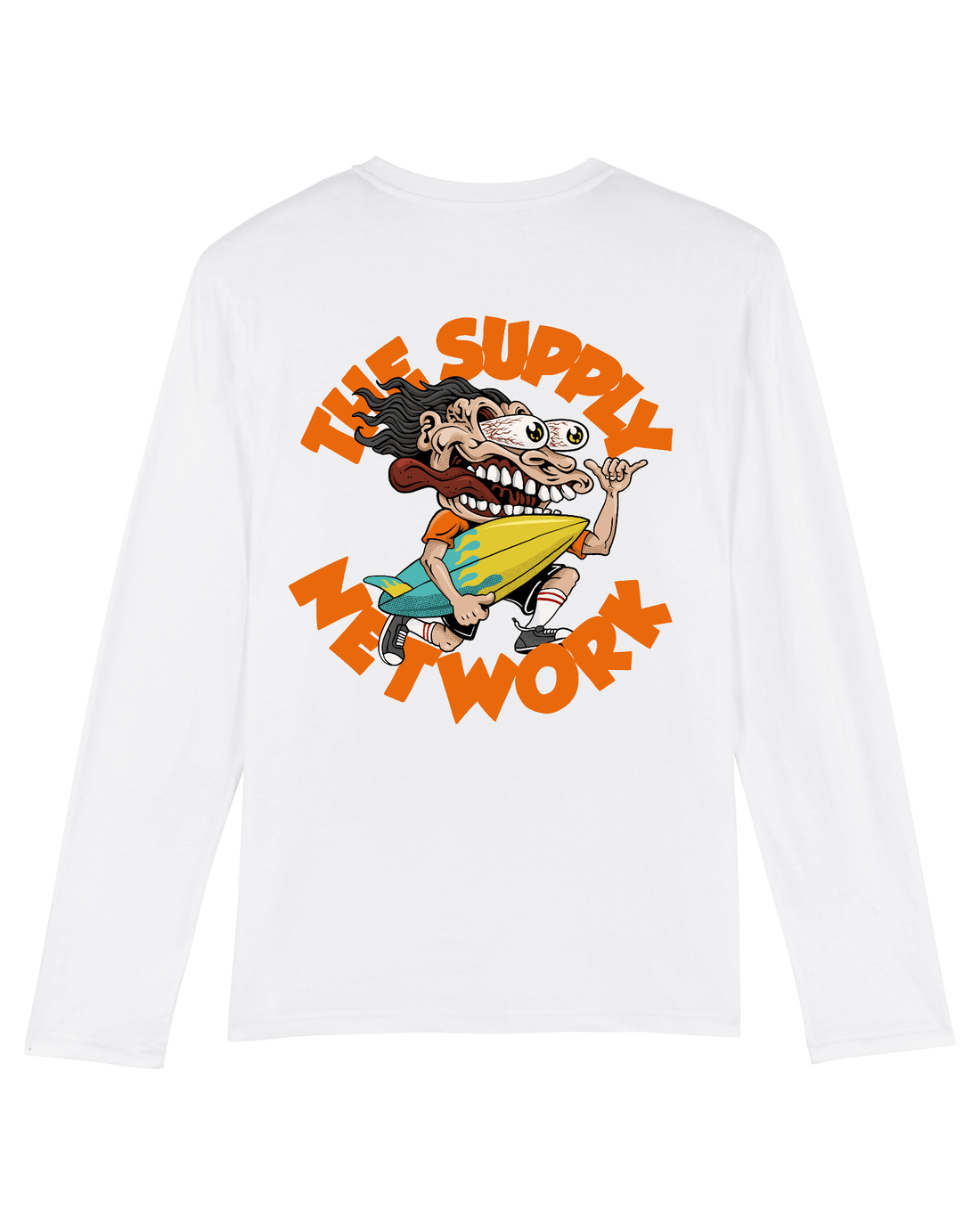 White Skater Long Sleeve, Surf Crazy Back Print