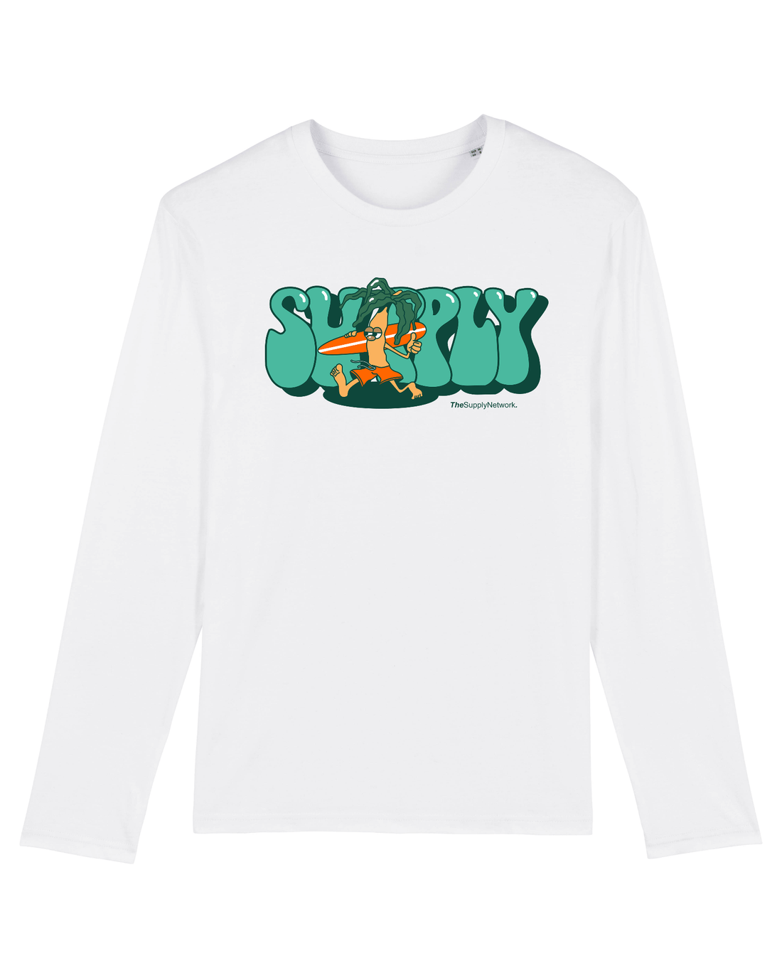 White Skater Long Sleeve, Surf Palm Front Print