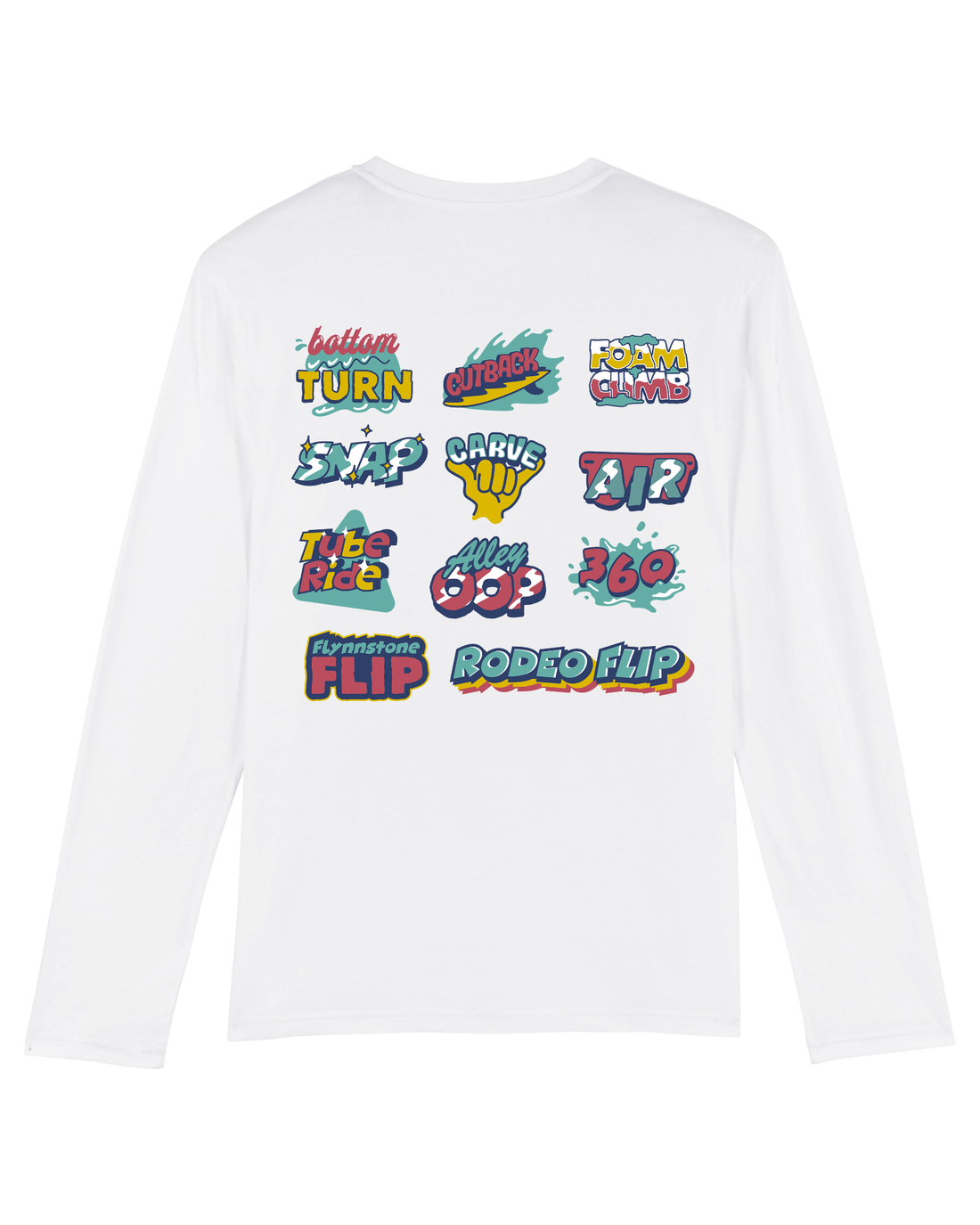 White Skater Long Sleeve, Surf Tricks Back Print