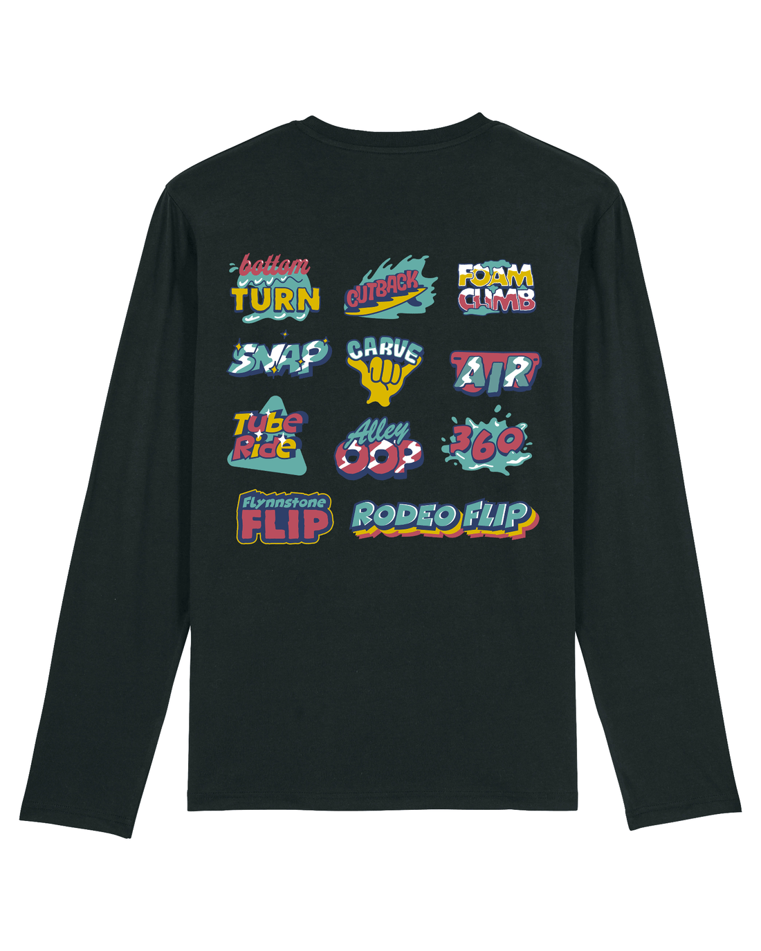 Black Skater Long Sleeve, Surf Tricks Back Print