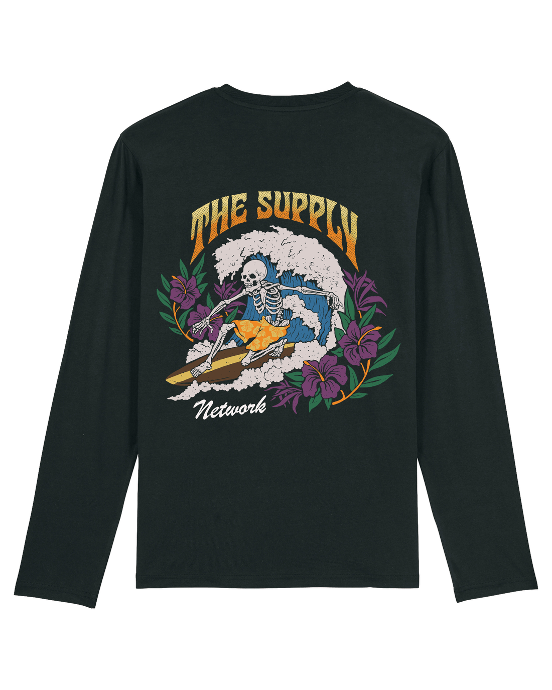 Black Skater Long Sleeve, Surfing Skeleton Back Print