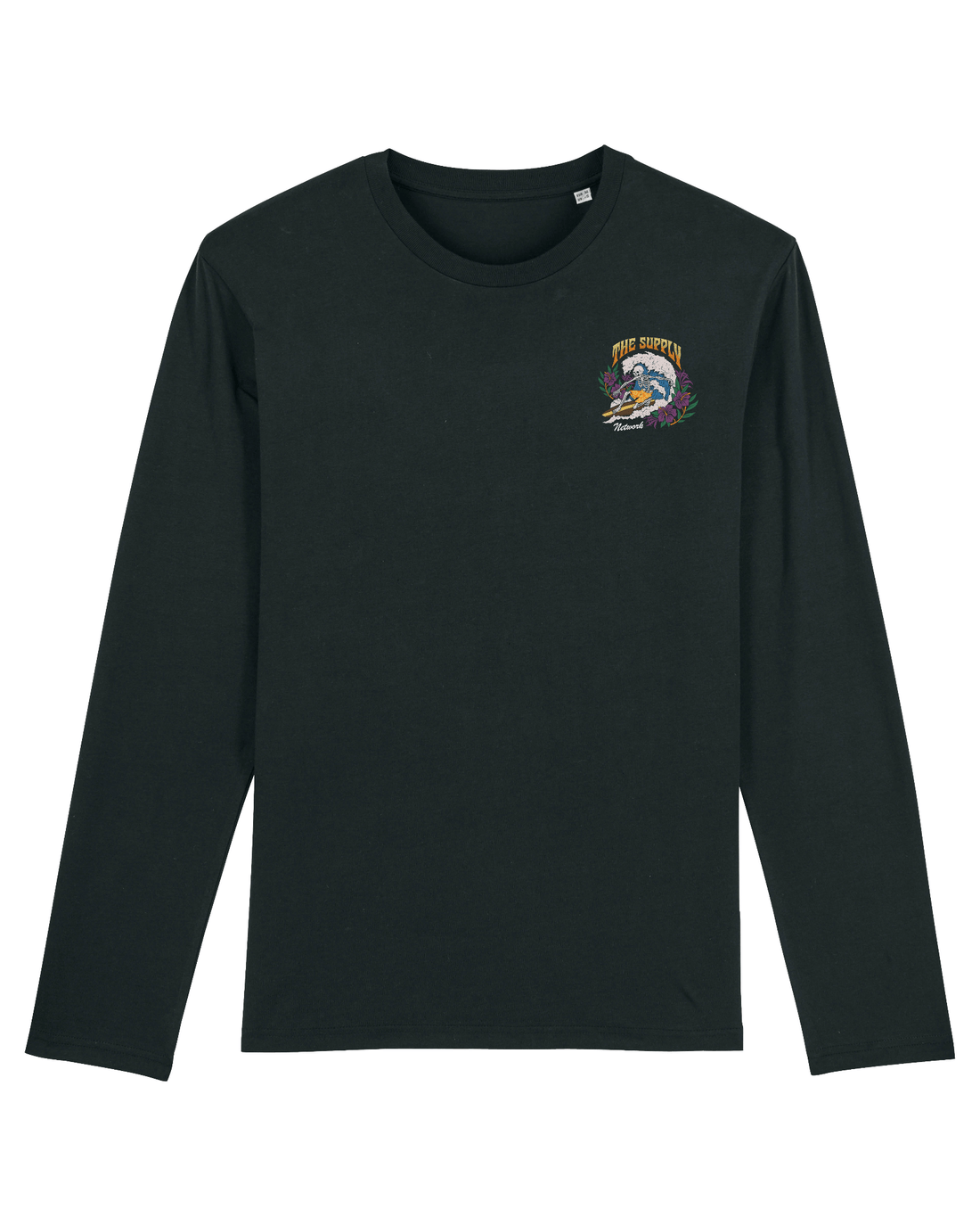 Black Skater Long Sleeve, Surfing Skeleton Front Print