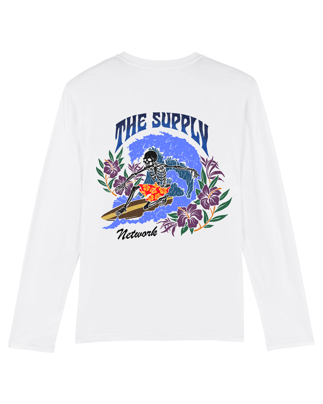 White Skater Long Sleeve, Surfing Skeleton Back Print