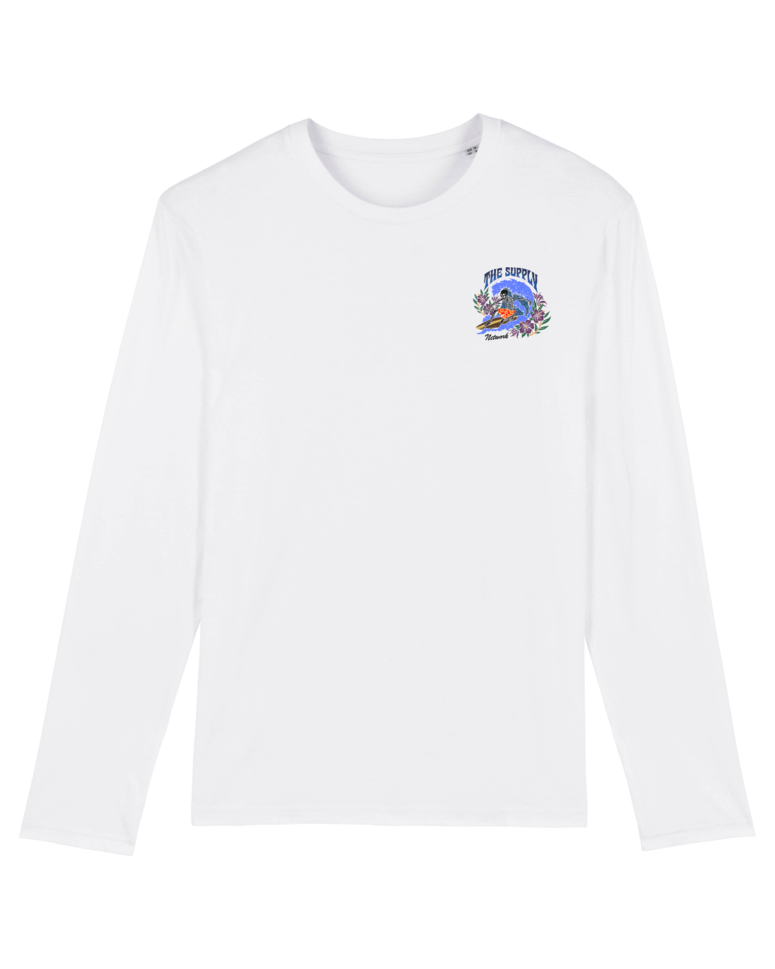 White Skater Long Sleeve, Surfing Skeleton Front Print