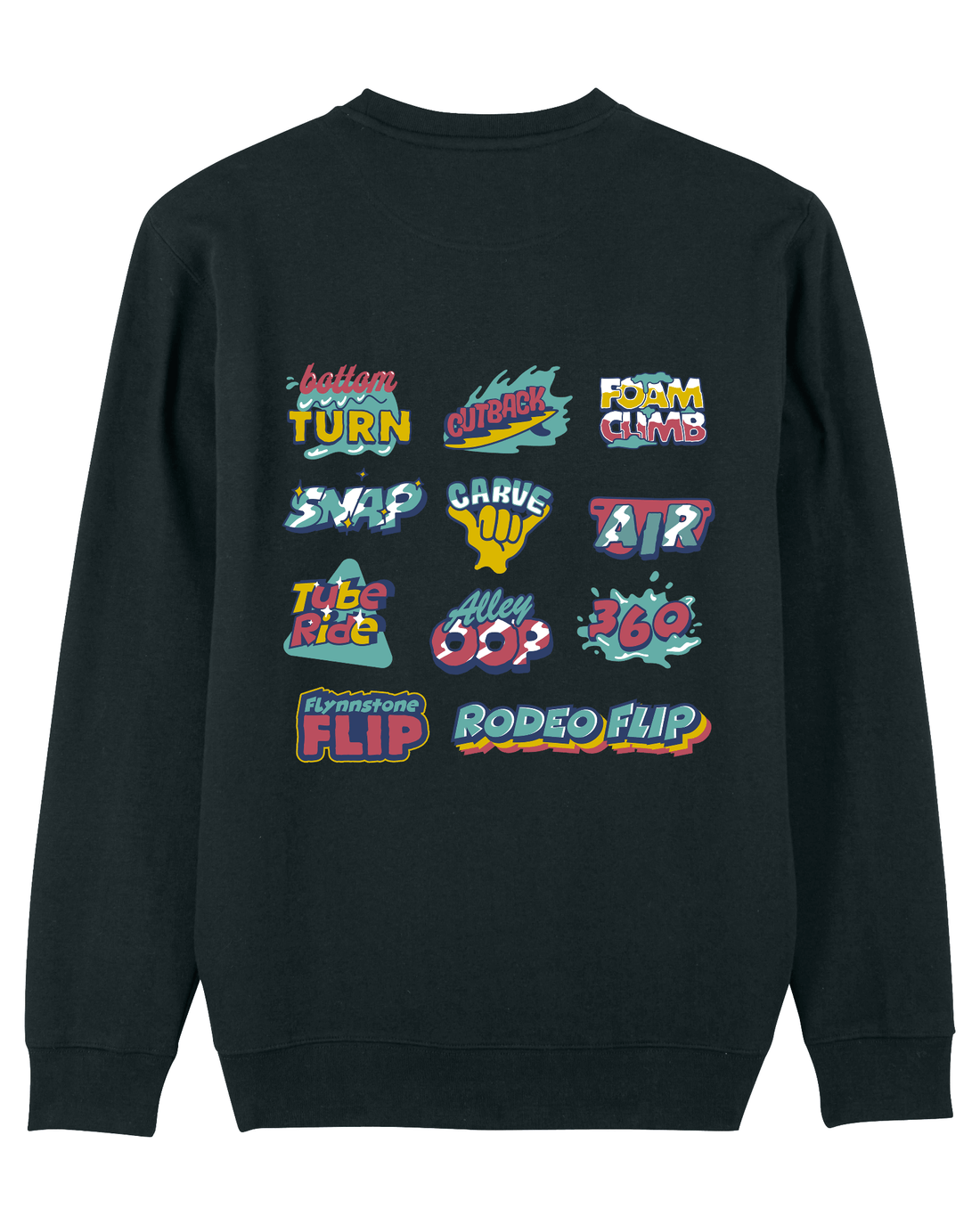 Black Skater Sweatshirt, Surf Tricks Back Print