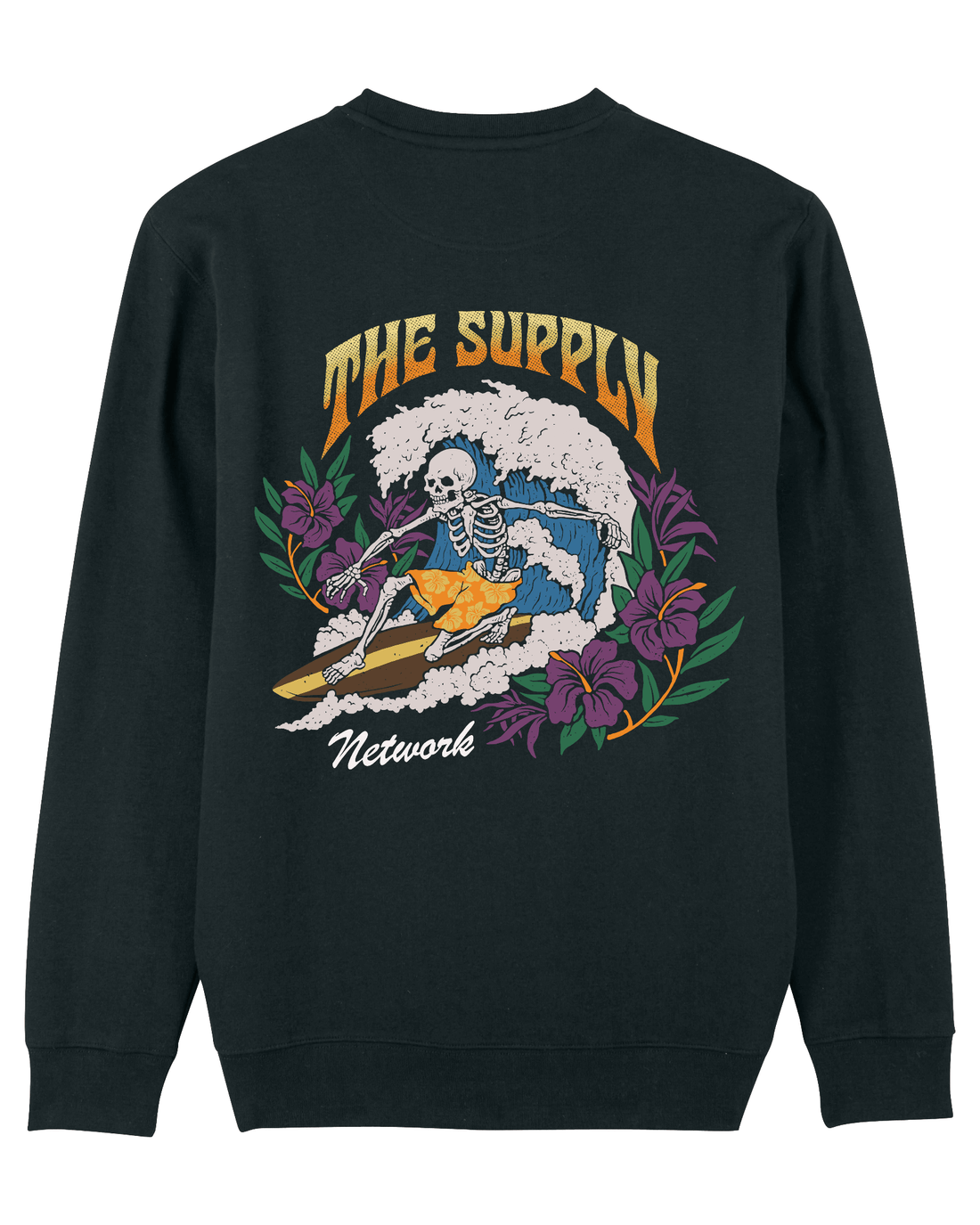 Black Skater Sweatshirt, Surfing Skeleton Back Print