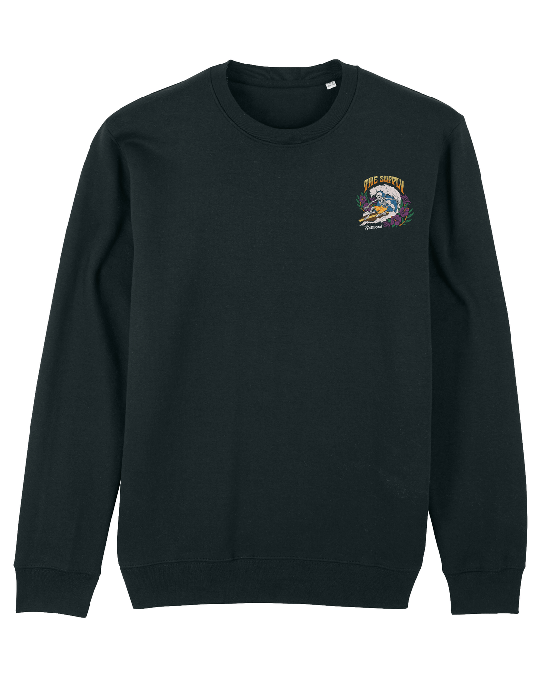 Black Skater Sweatshirt, Surfing Skeleton Front Print