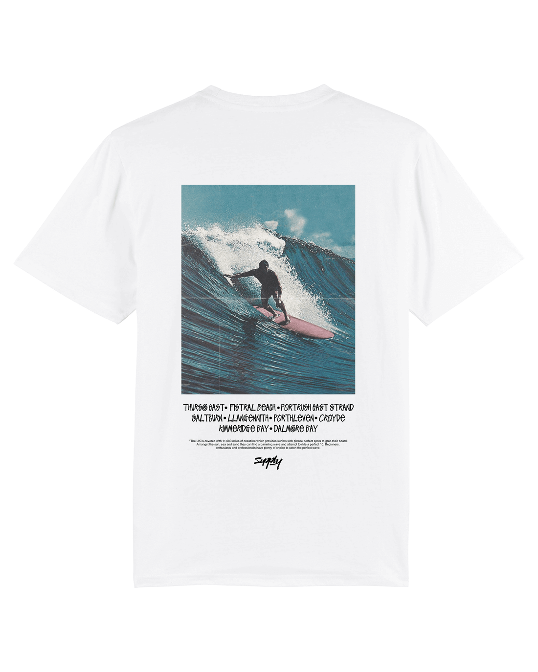 White Skater T-Shirt, Catch The Wave Back Print