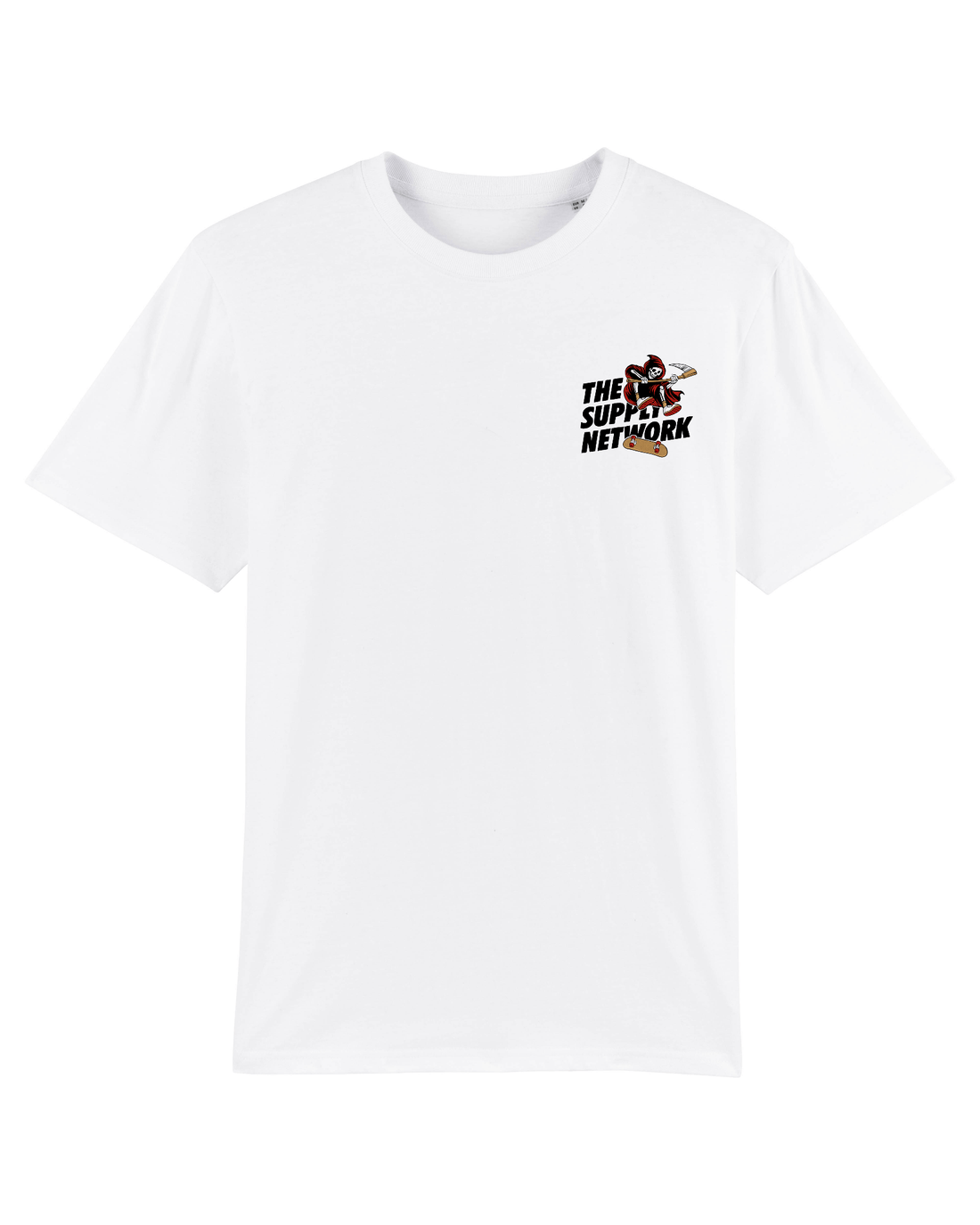 White Skater T-shirt, Grim Reaper Front Print