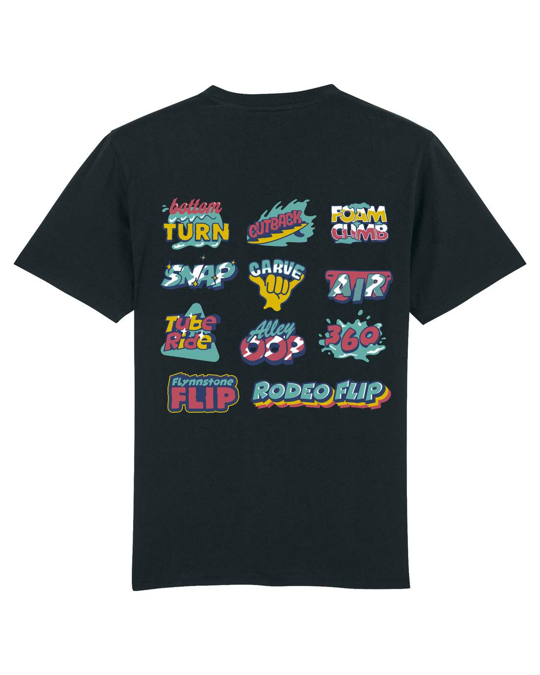 Black Skater T-Shirt, Surf Tricks Back Print
