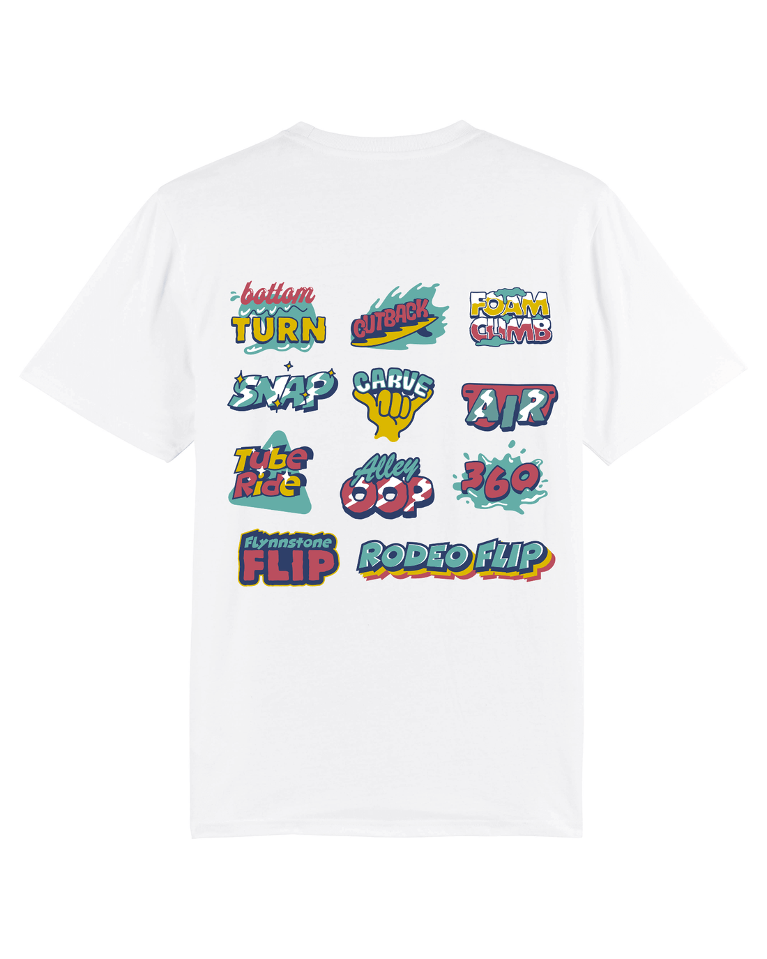 White Skater T-Shirt, Surf Tricks Back Print