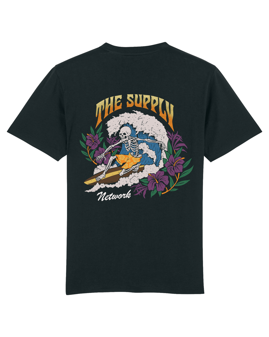 Black Skater T-Shirt, Surfing Skeleton Back Print