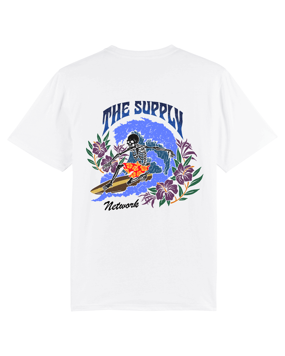 White Skater T-Shirt, Surfing Skeleton Back Print