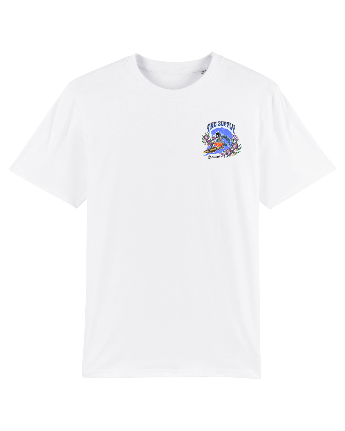 White Skater T-Shirt, Surfing Skeleton Front Print