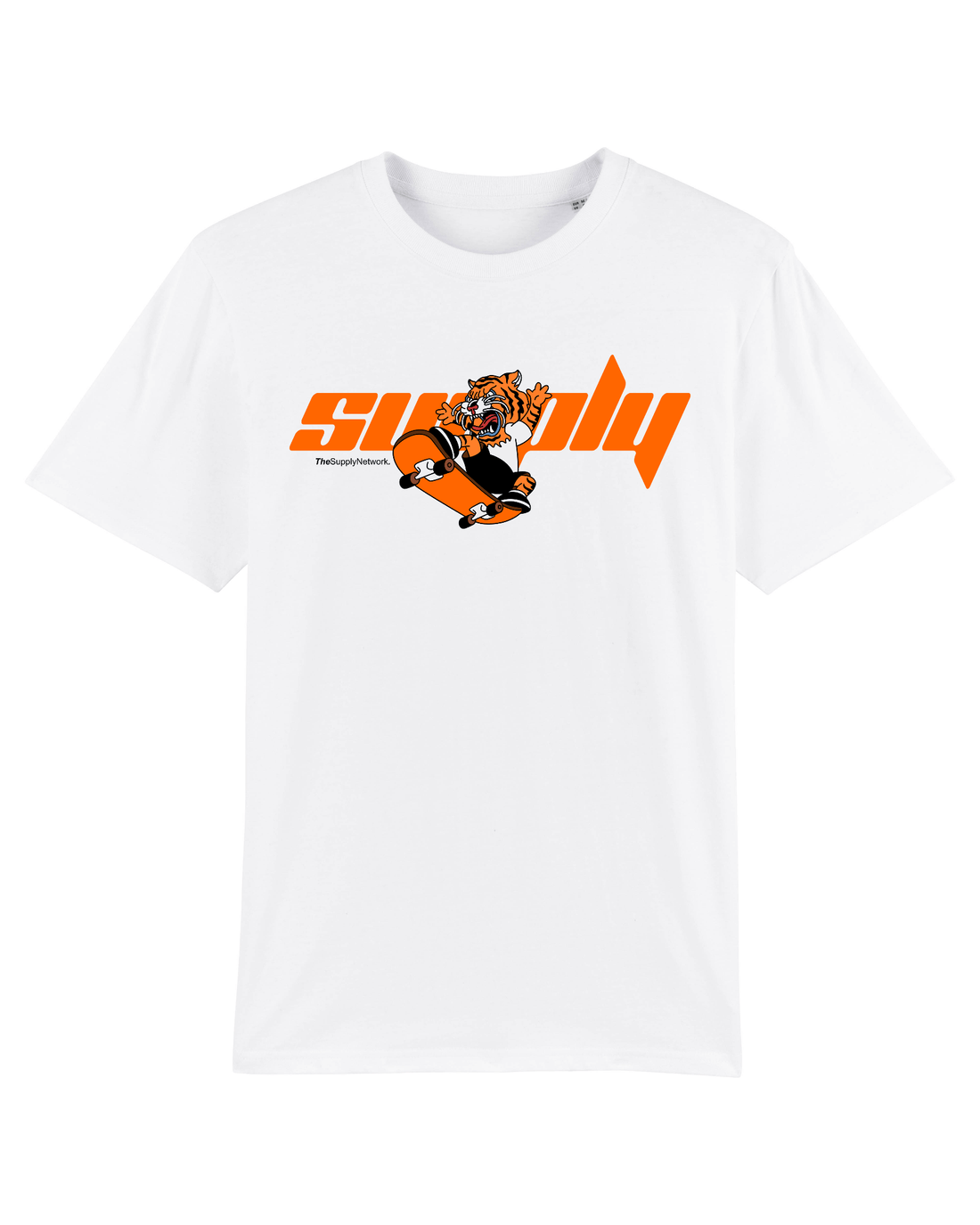 White Skater T-Shirt, Tiger Ride Front Print