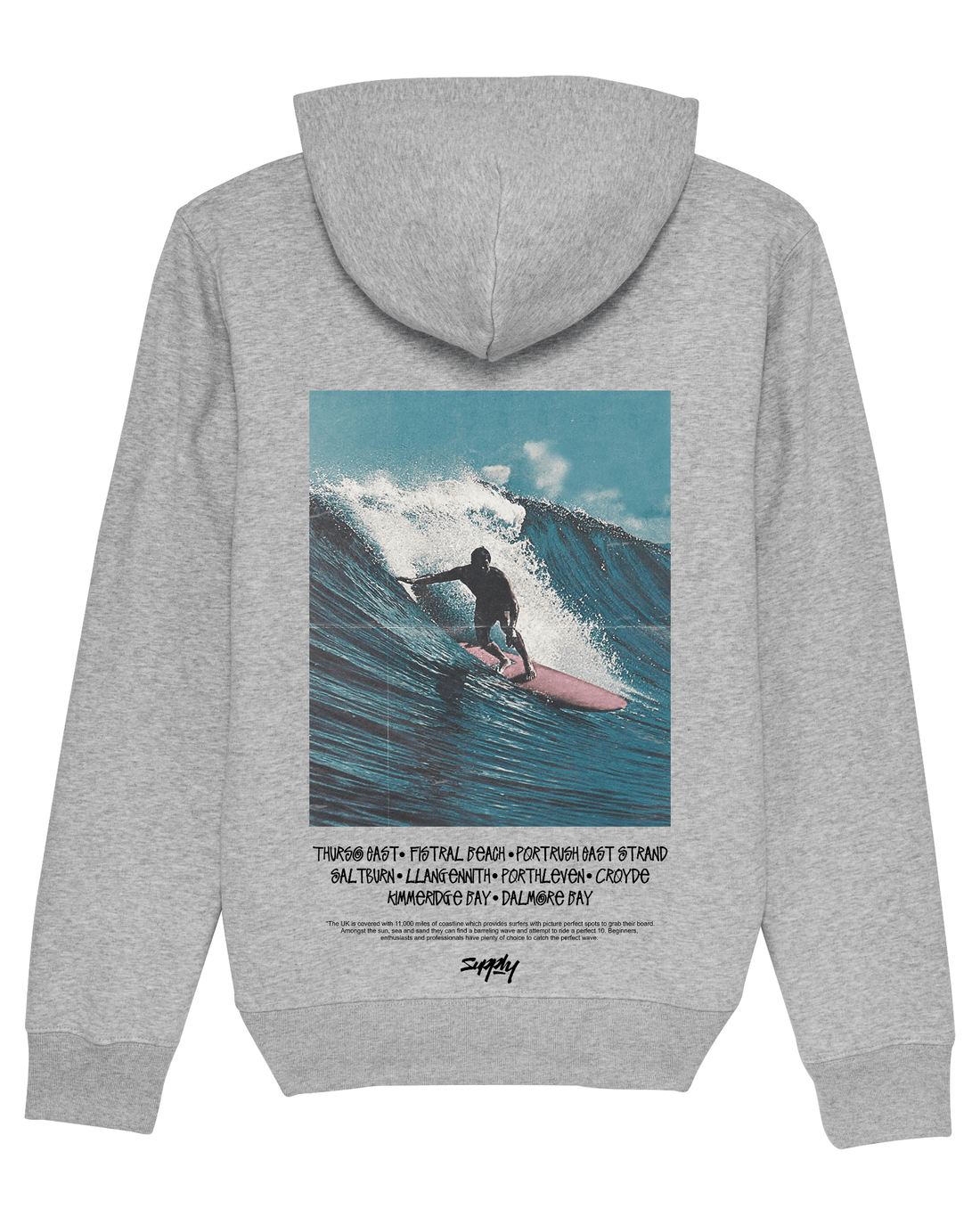 Grey Skateboard Hoodie, Catch The Wave Back Print