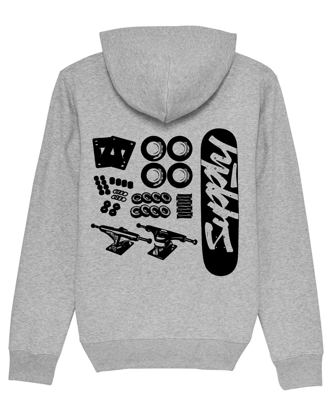 Grey Skater Hoodie, Skate Parts Back Print