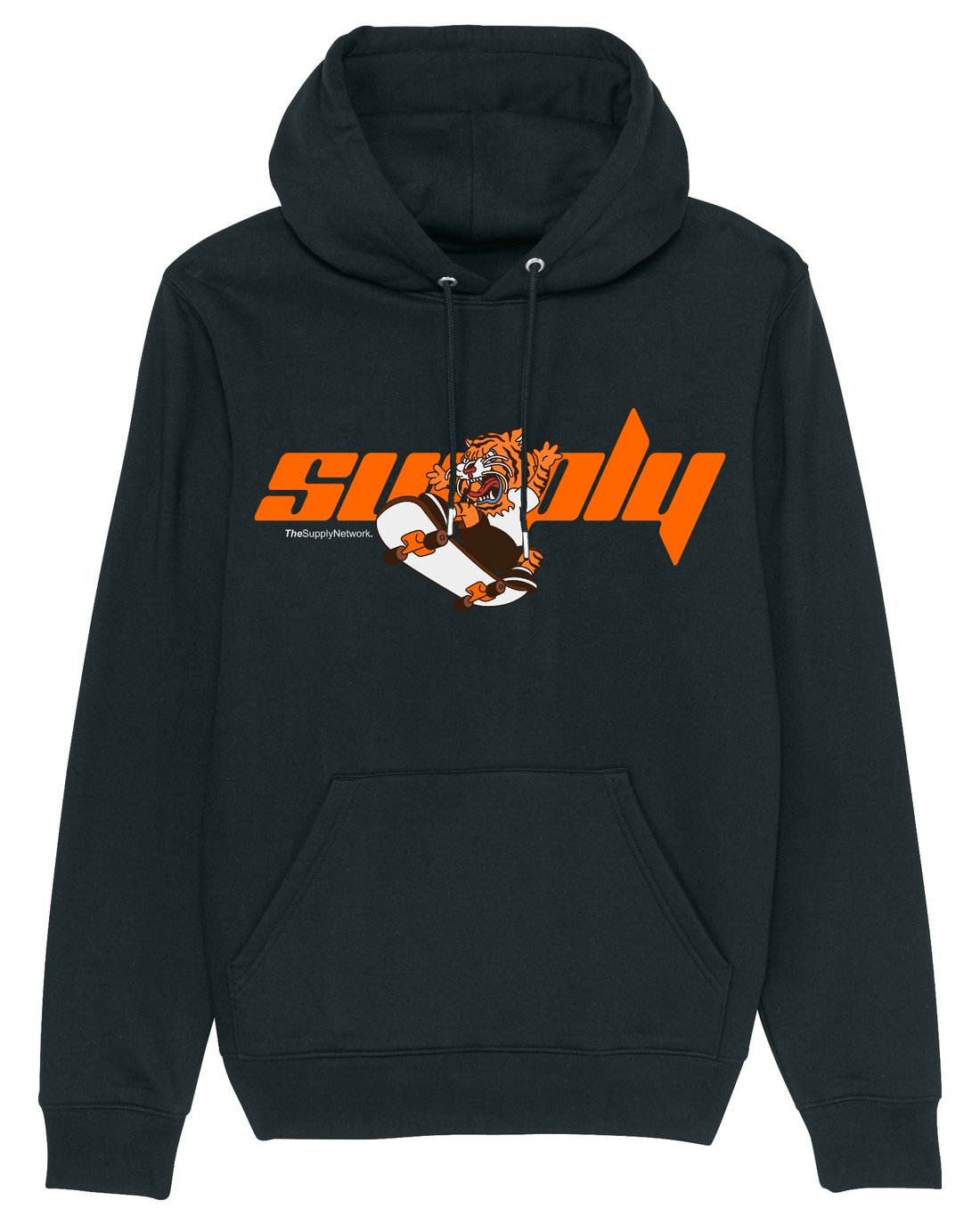 Black Skater Hoodie, Tiger Ride Front Print