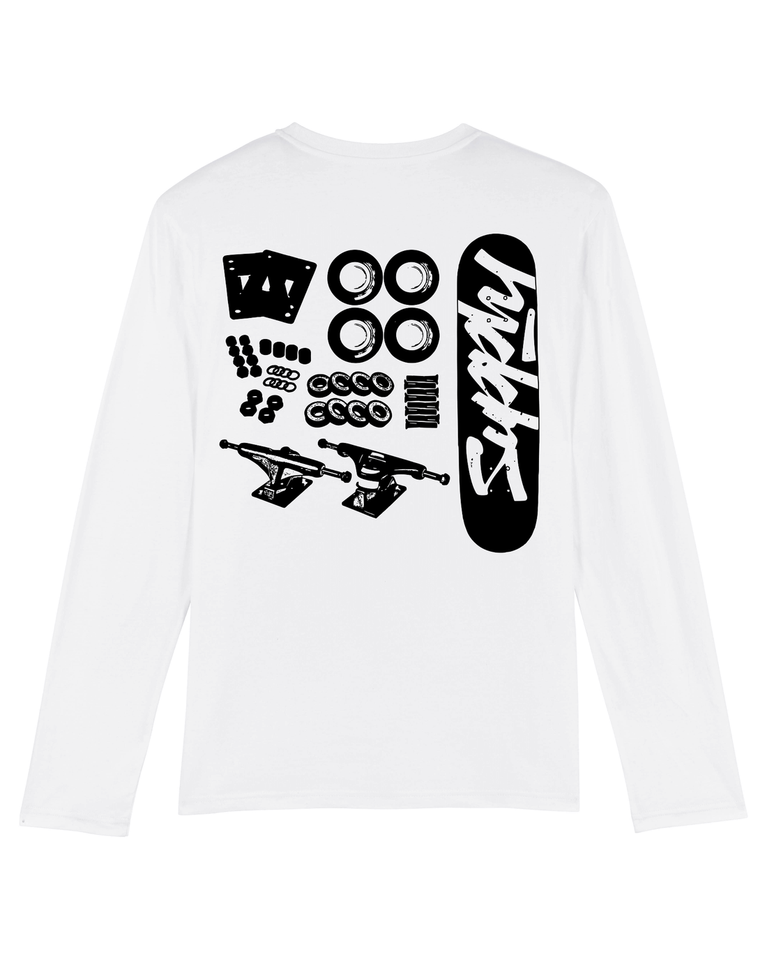 White Skater Long Sleeve, Skate Parts Back Print