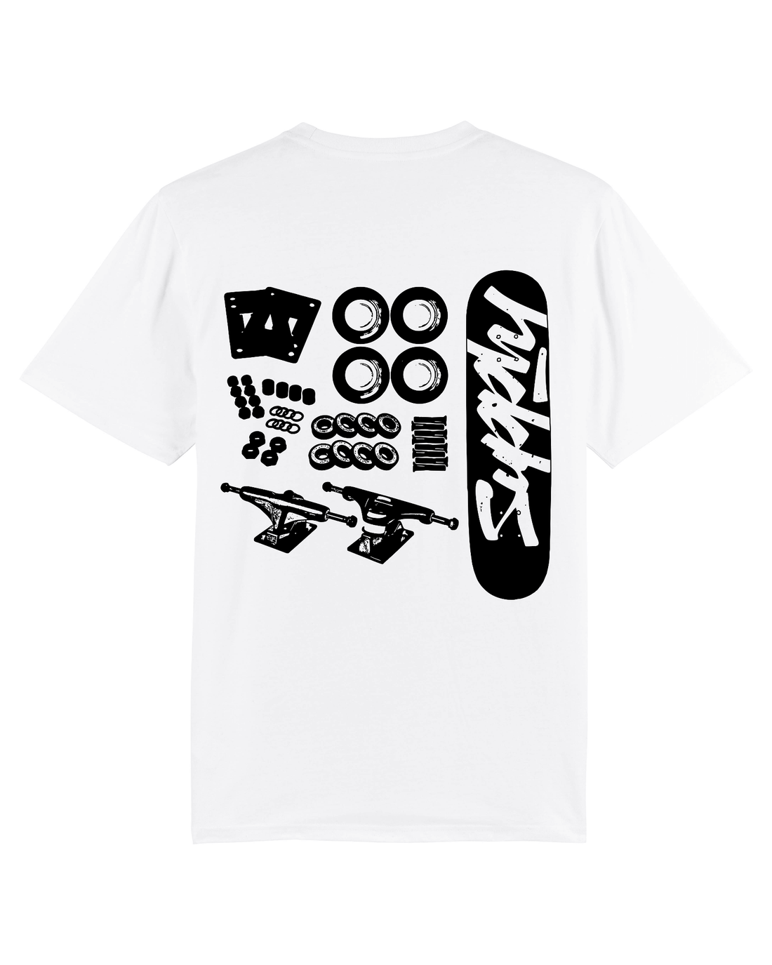 White Skater T-Shirt, Skate Parts Back Print