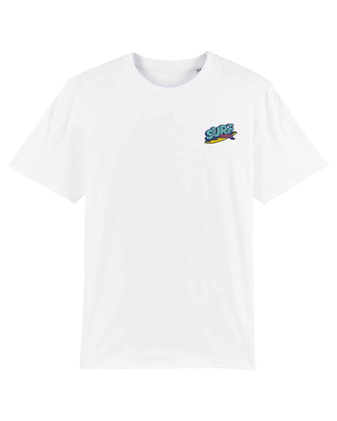 White Skater T-Shirt, Surf Tricks Front Print