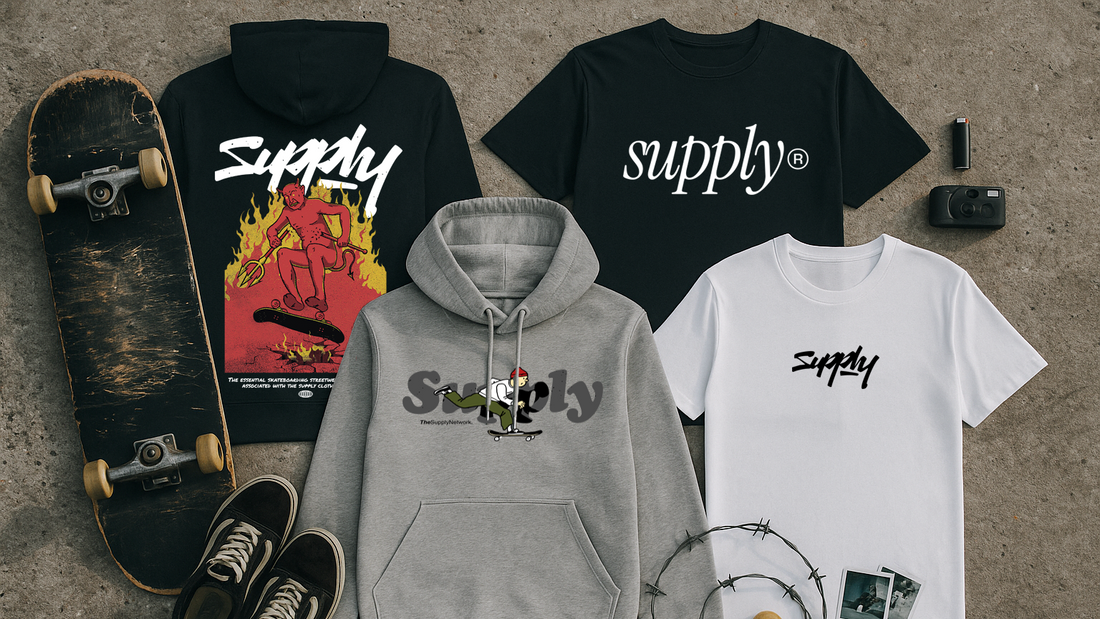 Collection of skater hoodies and t-shirt by 'The Supply Network'